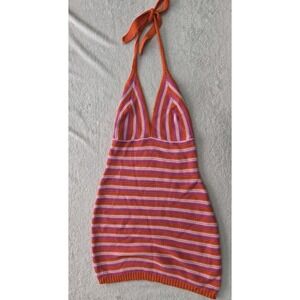 Stitch & Pine Crochet Halter Mini Dress Pink Orange Stripe Boho Y2K Festival M